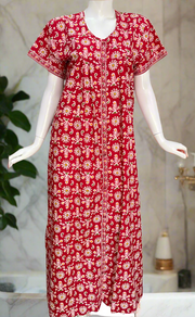 Red Floral Full Open Pure Cotton Nighty. Pure Cotton | Laces and Frills