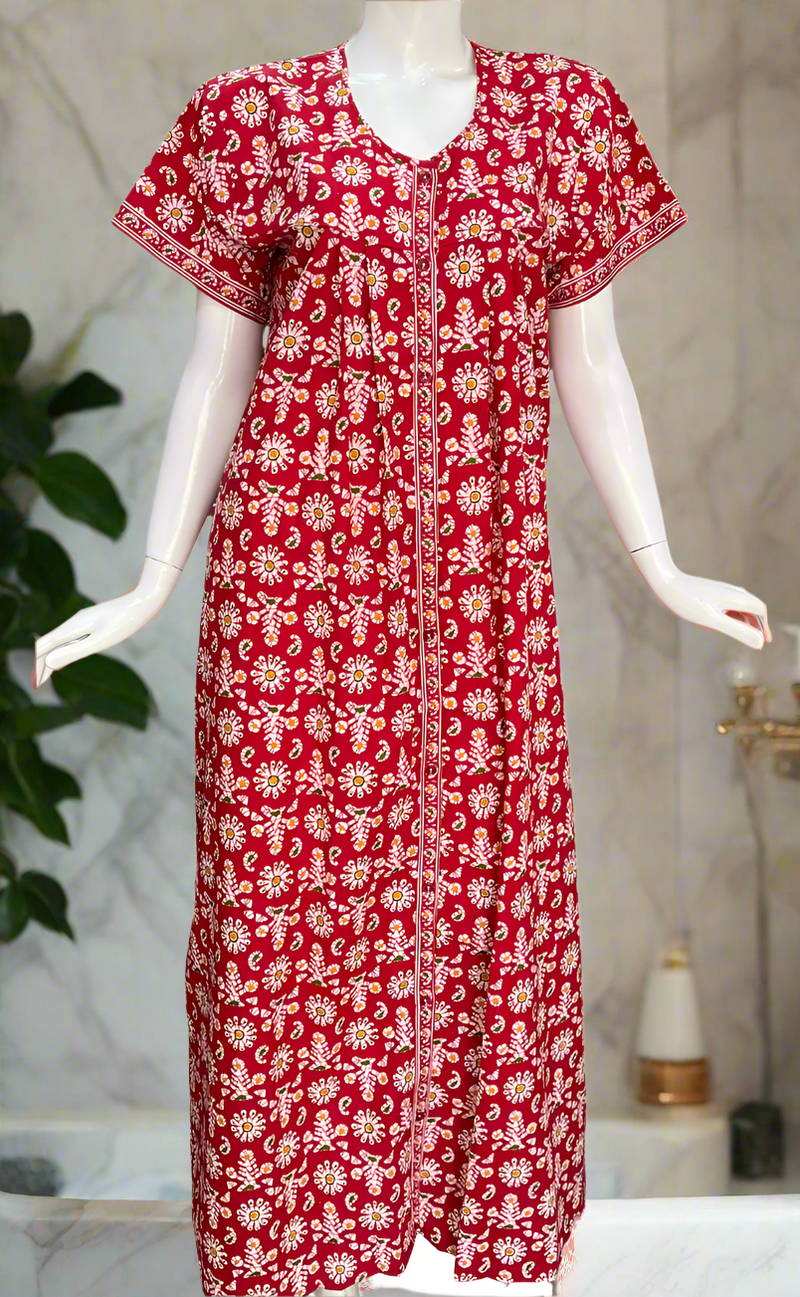 Red Floral Full Open Pure Cotton Nighty. Pure Cotton | Laces and Frills