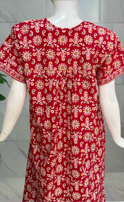 Red Floral Full Open Pure Cotton Nighty. Pure Cotton | Laces and Frills