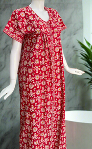 Red Floral Full Open Pure Cotton Nighty. Pure Cotton | Laces and Frills