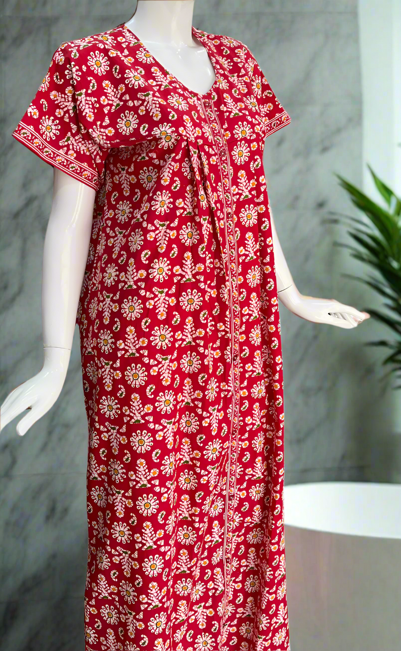 Red Floral Full Open Pure Cotton Nighty. Pure Cotton | Laces and Frills