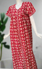 Red Floral Full Open Pure Cotton Nighty. Pure Cotton | Laces and Frills