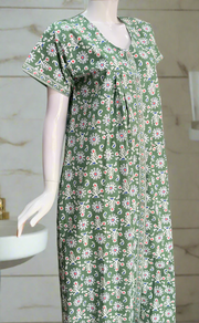 Pista Green Floral Full Open Pure Cotton Nighty. Pure Cotton | Laces and Frills