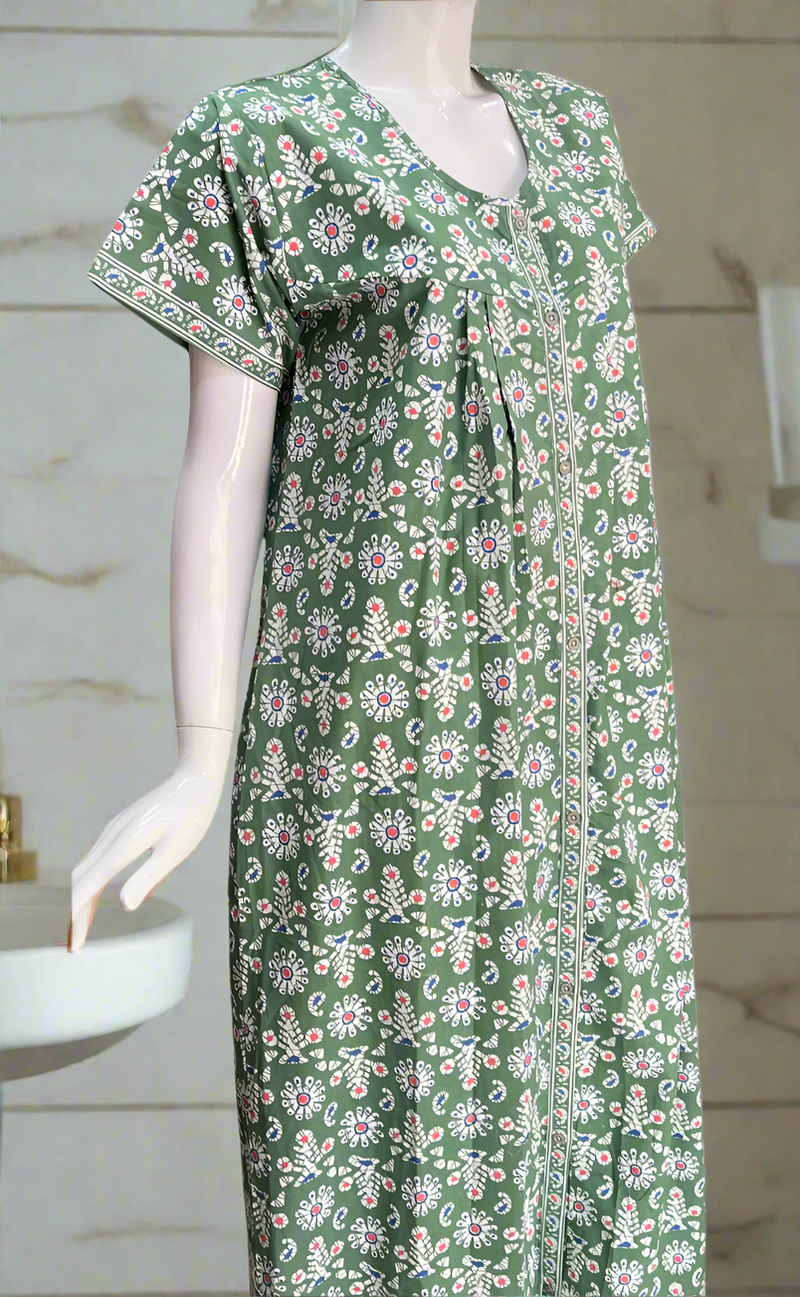 Pista Green Floral Full Open Pure Cotton Nighty. Pure Cotton | Laces and Frills