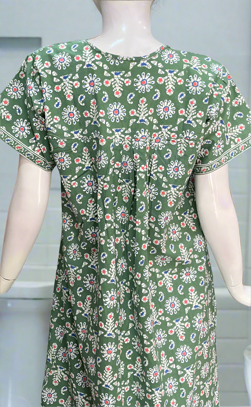 Pista Green Floral Full Open Pure Cotton Nighty. Pure Cotton | Laces and Frills