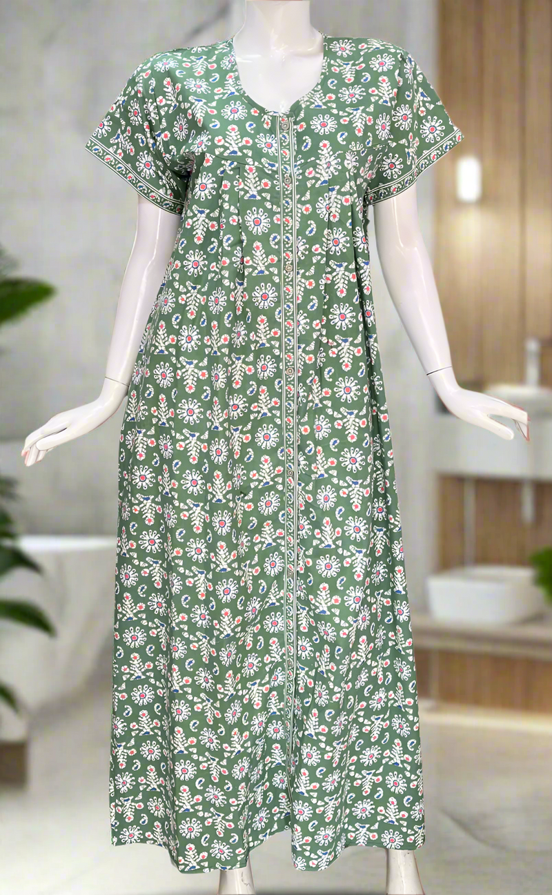 Pista Green Floral Full Open Pure Cotton Nighty. Pure Cotton | Laces and Frills