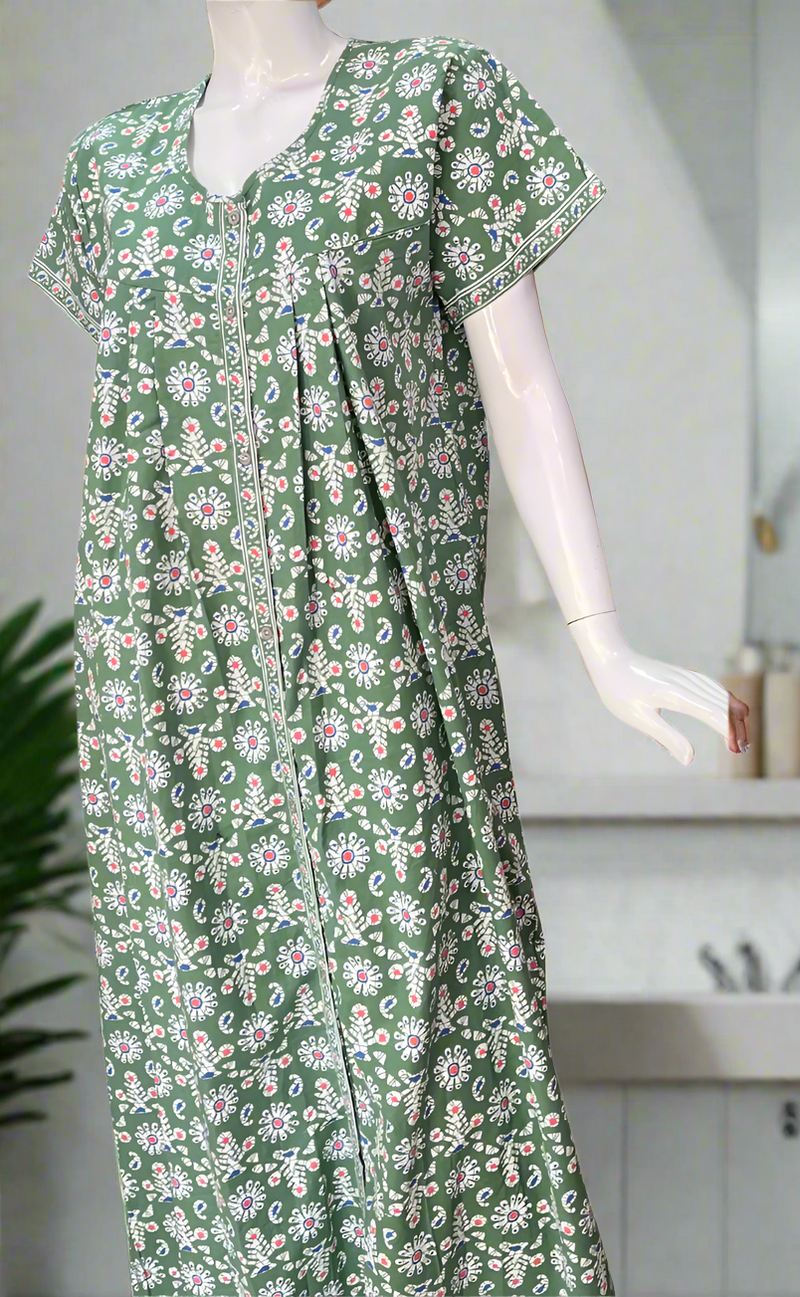 Pista Green Floral Full Open Pure Cotton Nighty. Pure Cotton | Laces and Frills
