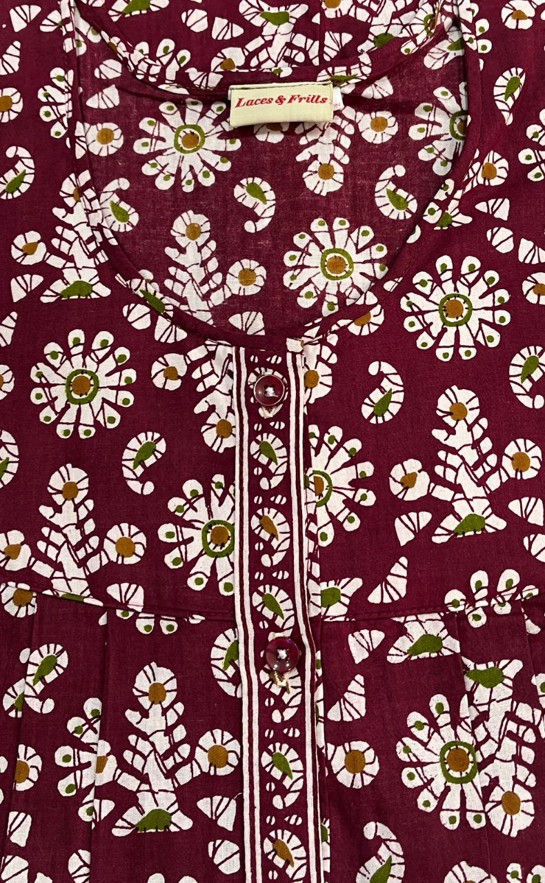 Maroon Floral Full Open Pure Cotton Nighty. Pure Cotton | Laces and Frills