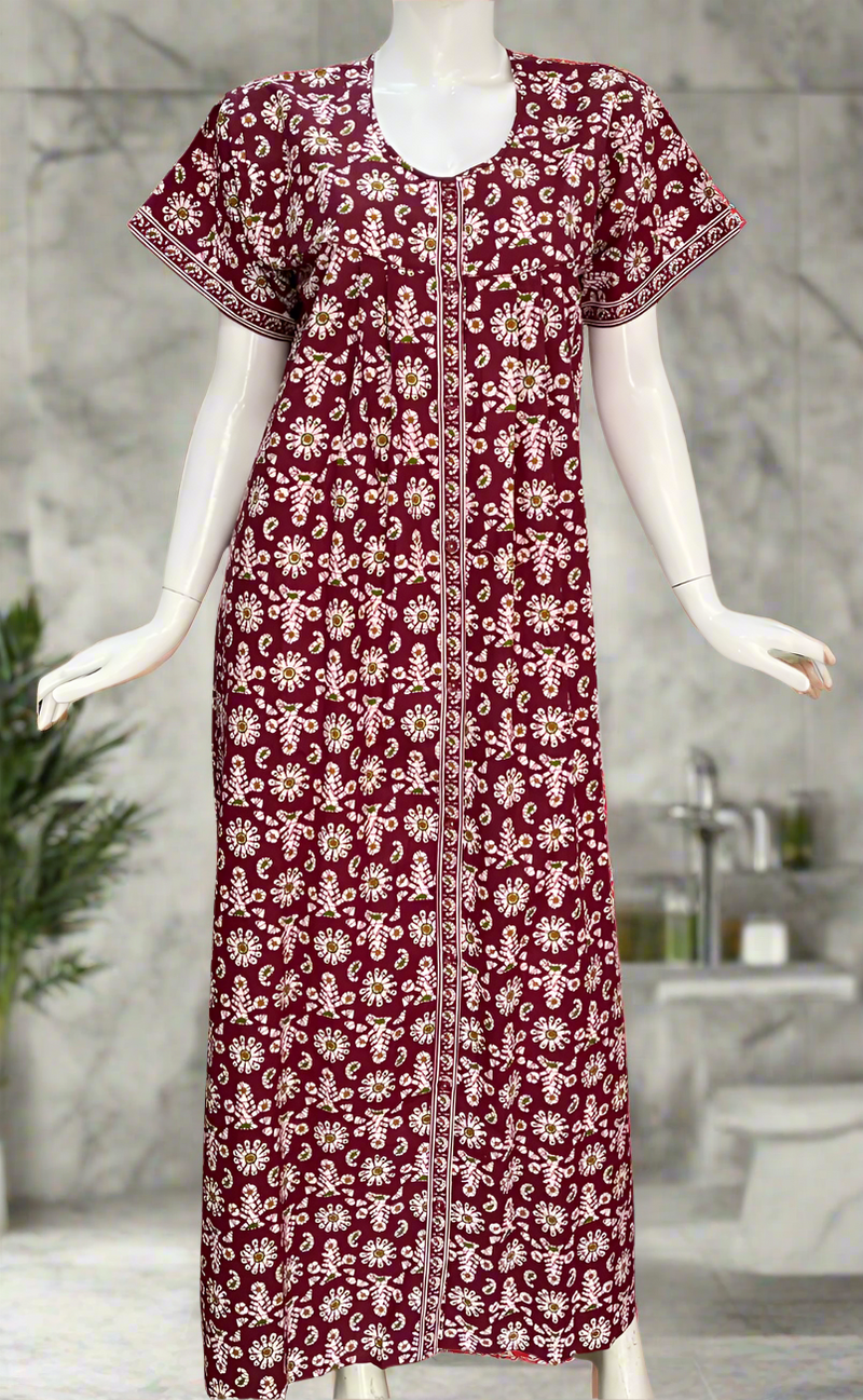 Maroon Floral Full Open Pure Cotton Nighty. Pure Cotton | Laces and Frills