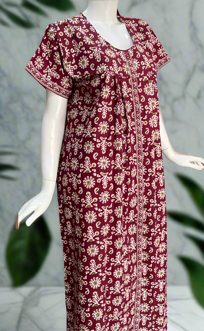 Maroon Floral Full Open Pure Cotton Nighty. Pure Cotton | Laces and Frills