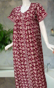 Maroon Floral Full Open Pure Cotton Nighty. Pure Cotton | Laces and Frills