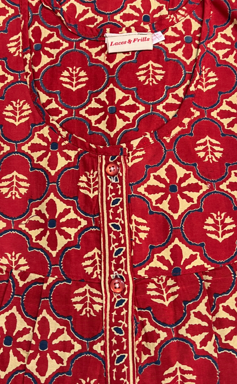 Red Floral Full Open Pure Cotton Nighty. Pure Cotton | Laces and Frills