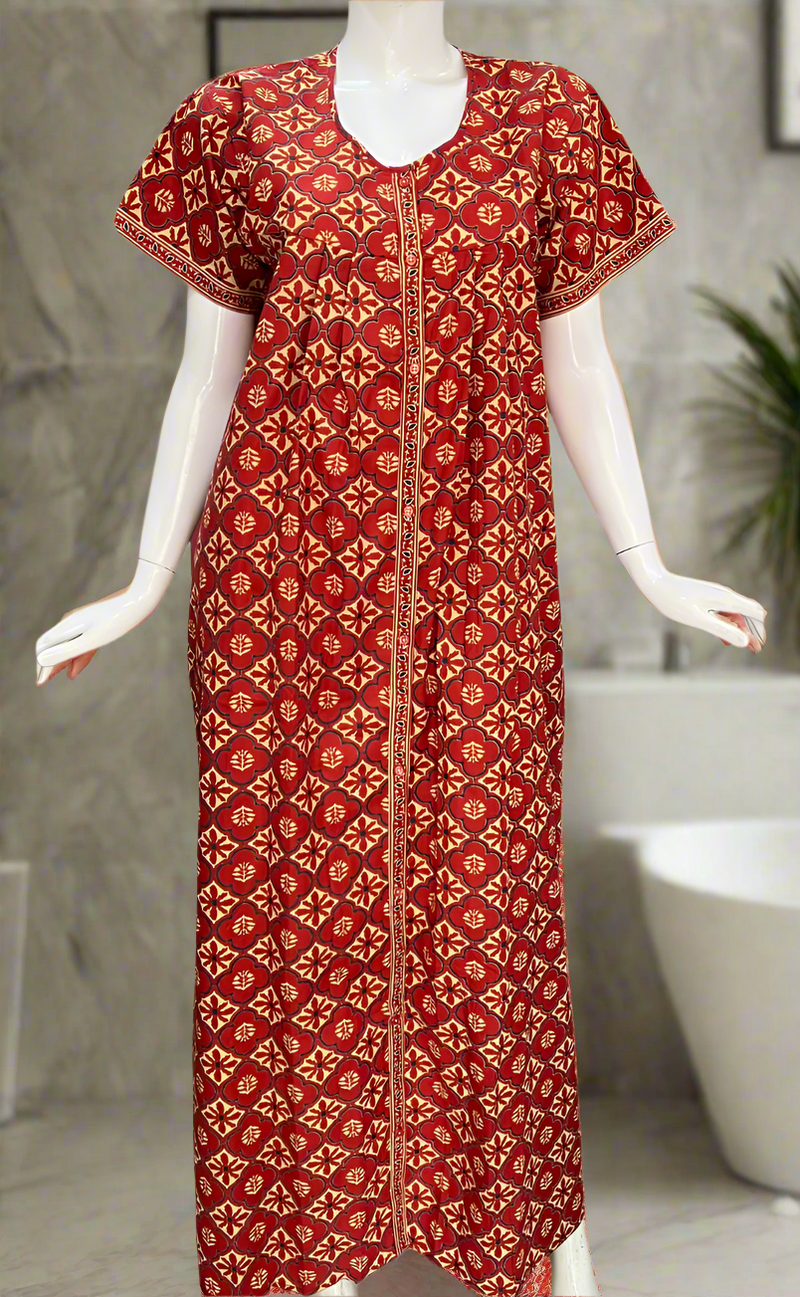 Red Floral Full Open Pure Cotton Nighty. Pure Cotton | Laces and Frills