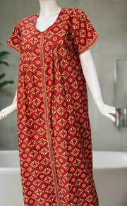 Red Floral Full Open Pure Cotton Nighty. Pure Cotton | Laces and Frills