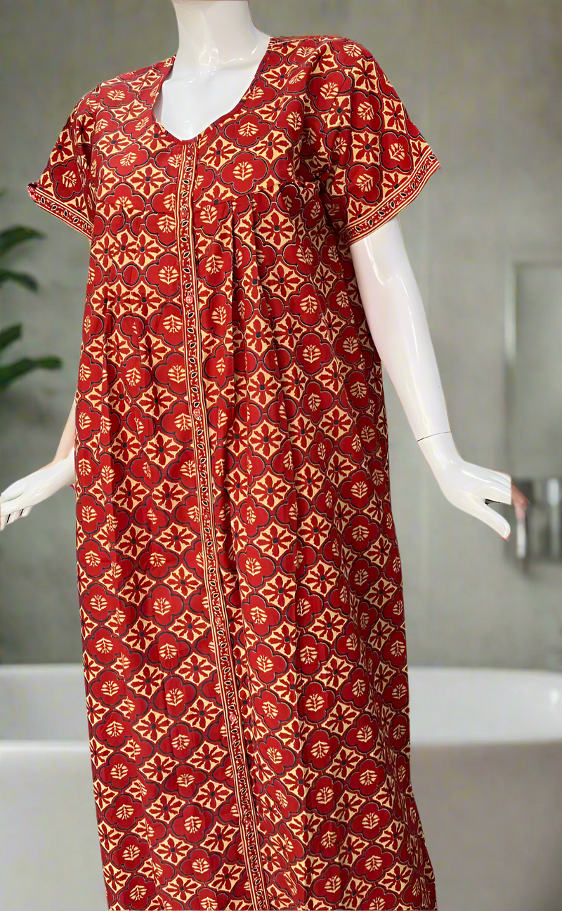 Red Floral Full Open Pure Cotton Nighty. Pure Cotton | Laces and Frills