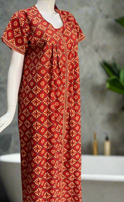Red Floral Full Open Pure Cotton Nighty. Pure Cotton | Laces and Frills