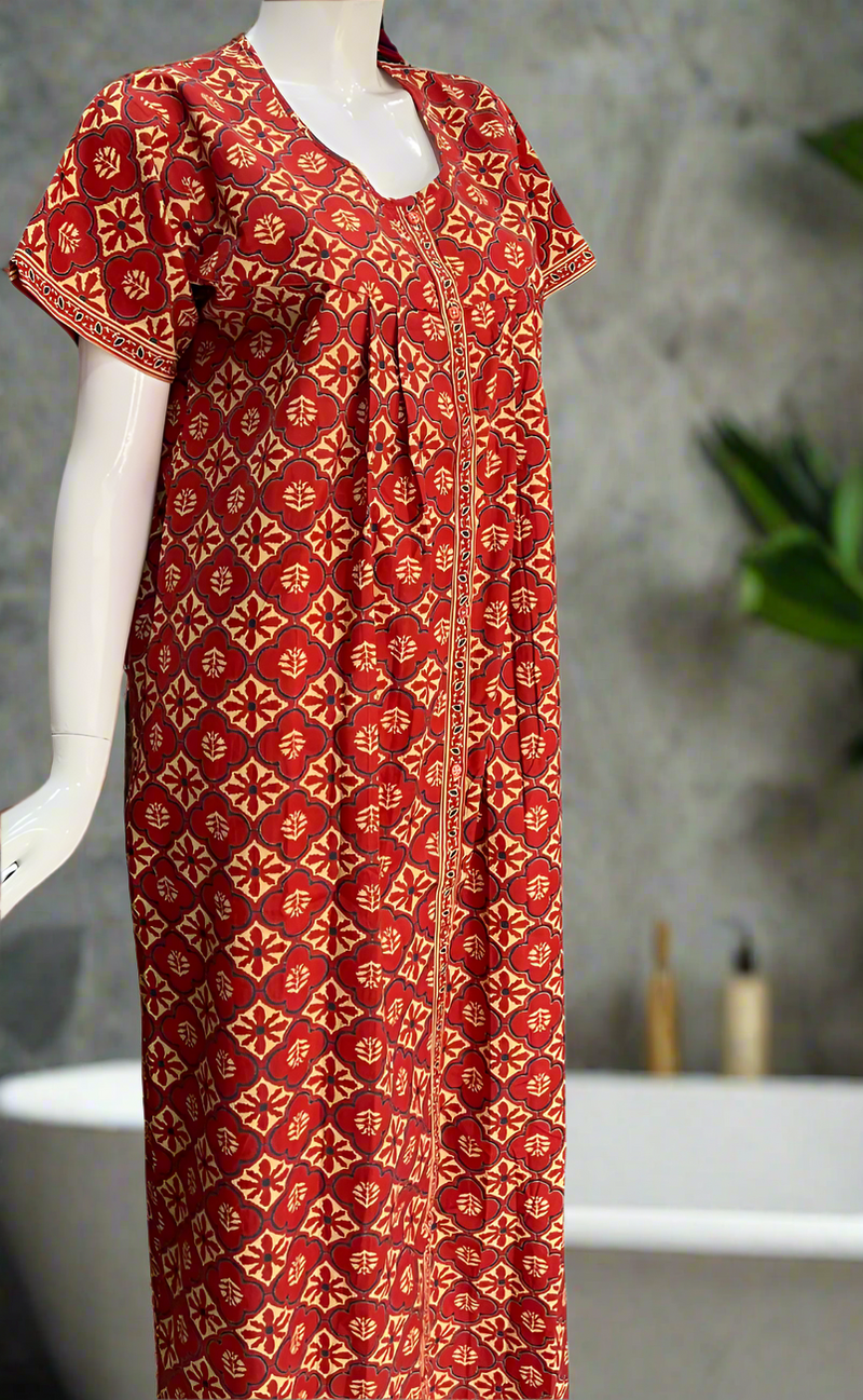 Red Floral Full Open Pure Cotton Nighty. Pure Cotton | Laces and Frills