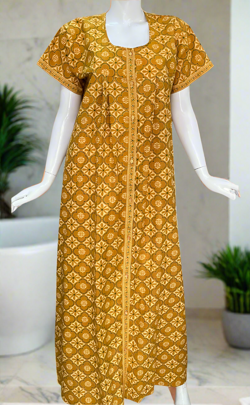 Mustard Floral Full Open Pure Cotton Nighty. Pure Cotton | Laces and Frills