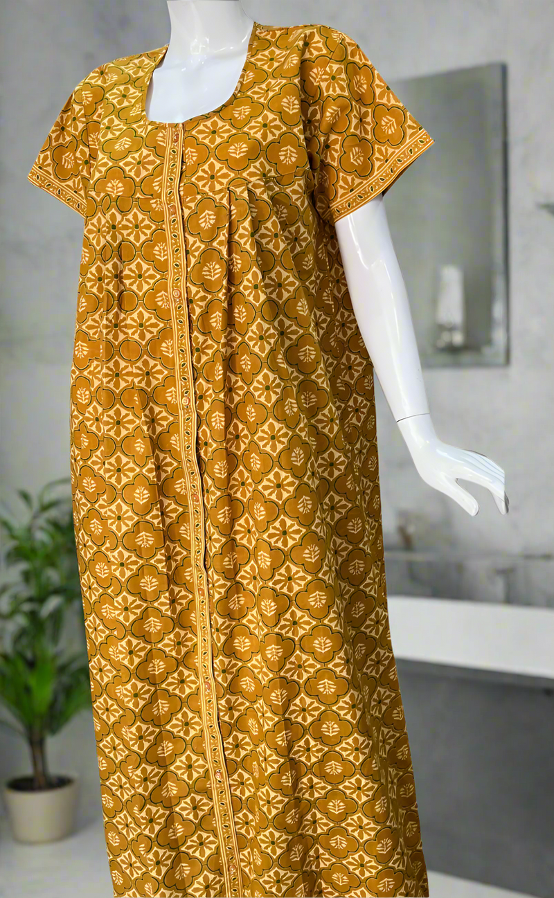 Mustard Floral Full Open Pure Cotton Nighty. Pure Cotton | Laces and Frills