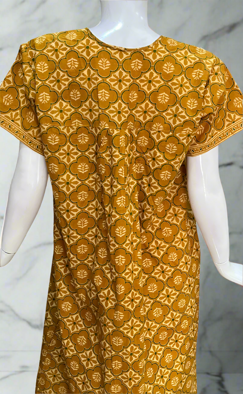 Mustard Floral Full Open Pure Cotton Nighty. Pure Cotton | Laces and Frills