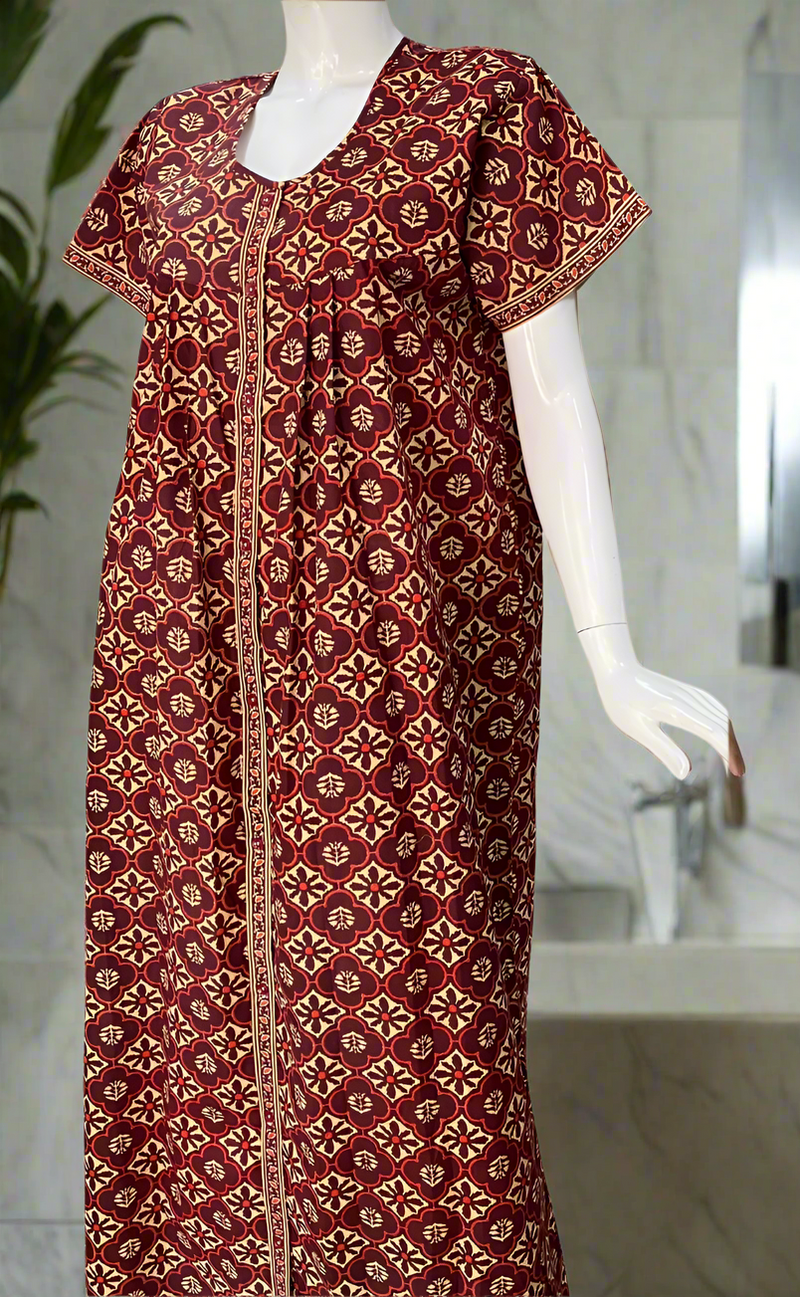 Maroon Floral Full Open Pure Cotton Nighty. Pure Cotton | Laces and Frills