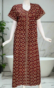Maroon Floral Full Open Pure Cotton Nighty. Pure Cotton | Laces and Frills