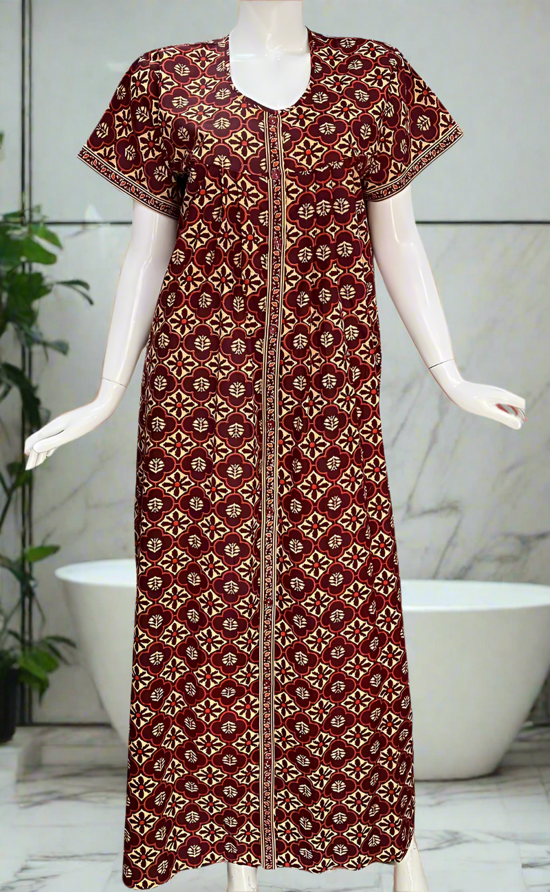 Maroon Floral Full Open Pure Cotton Nighty. Pure Cotton | Laces and Frills