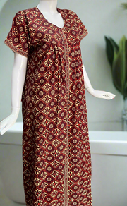 Maroon Floral Full Open Pure Cotton Nighty. Pure Cotton | Laces and Frills