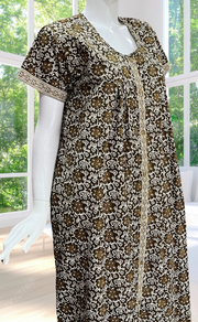Mehndi Green  Floral Full Open Pure Cotton Nighty. Pure Cotton | Laces and Frills