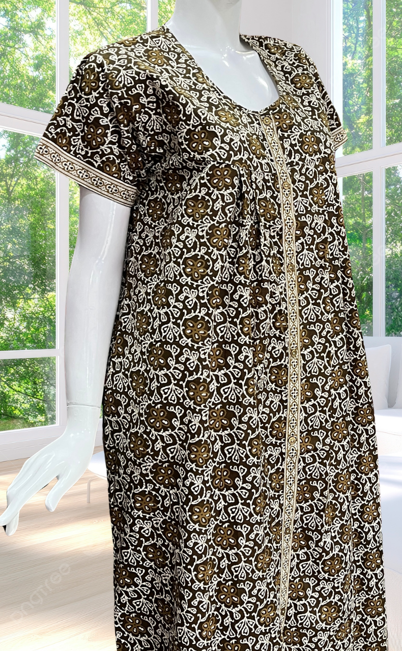 Mehndi Green  Floral Full Open Pure Cotton Nighty. Pure Cotton | Laces and Frills