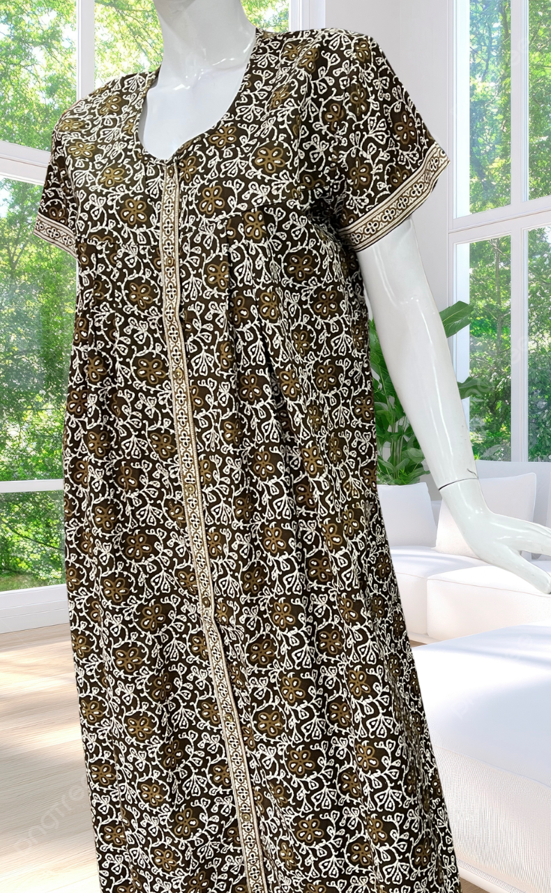 Mehndi Green  Floral Full Open Pure Cotton Nighty. Pure Cotton | Laces and Frills