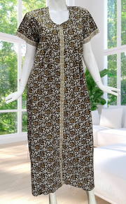 Mehndi Green  Floral Full Open Pure Cotton Nighty. Pure Cotton | Laces and Frills