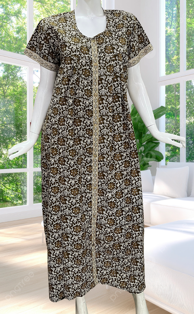 Mehndi Green  Floral Full Open Pure Cotton Nighty. Pure Cotton | Laces and Frills