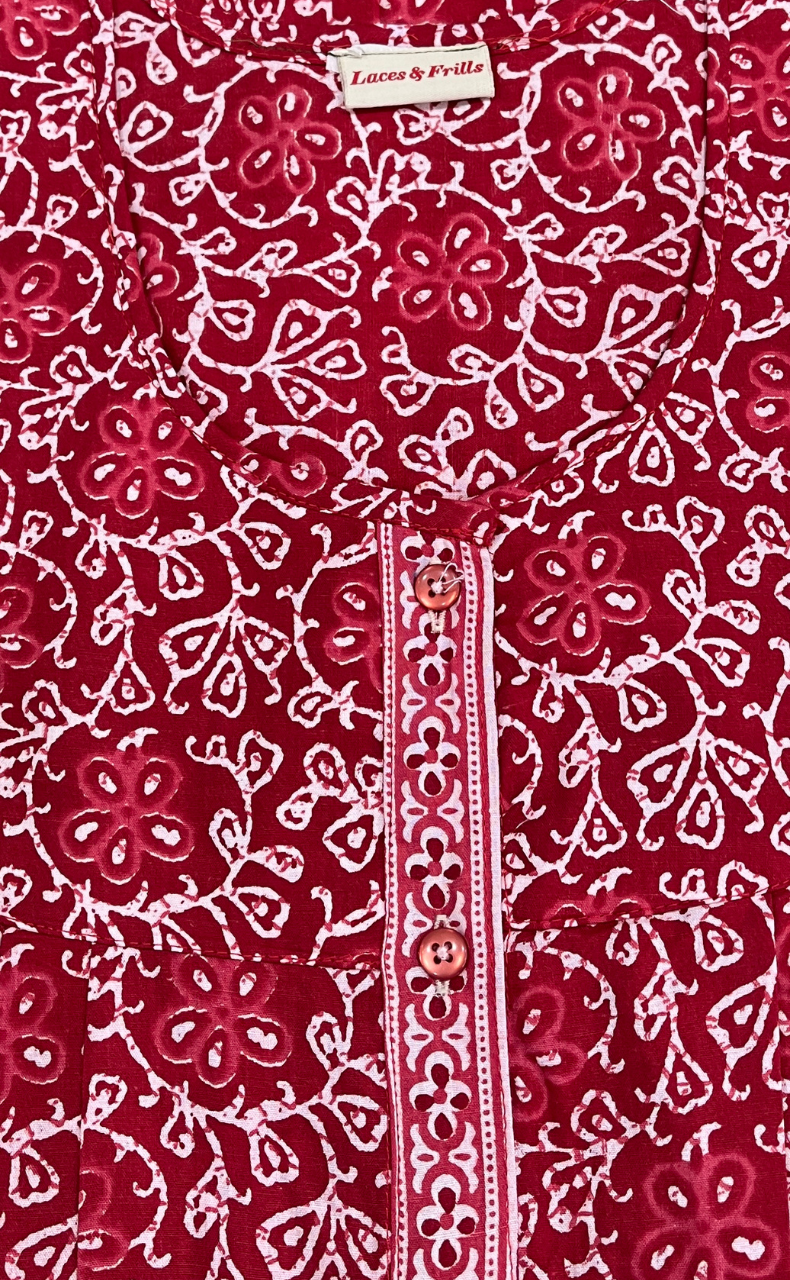 Red Floral Full Open Pure Cotton Nighty. Pure Cotton | Laces and Frills