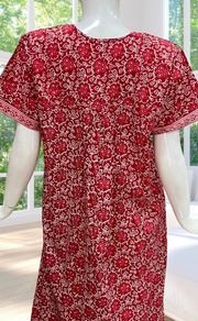 Red Floral Full Open Pure Cotton Nighty. Pure Cotton | Laces and Frills
