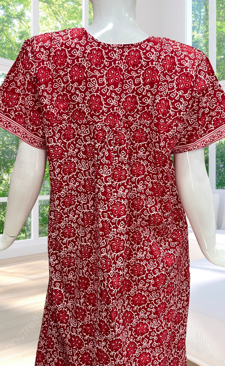 Red Floral Full Open Pure Cotton Nighty. Pure Cotton | Laces and Frills