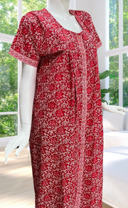 Red Floral Full Open Pure Cotton Nighty. Pure Cotton | Laces and Frills
