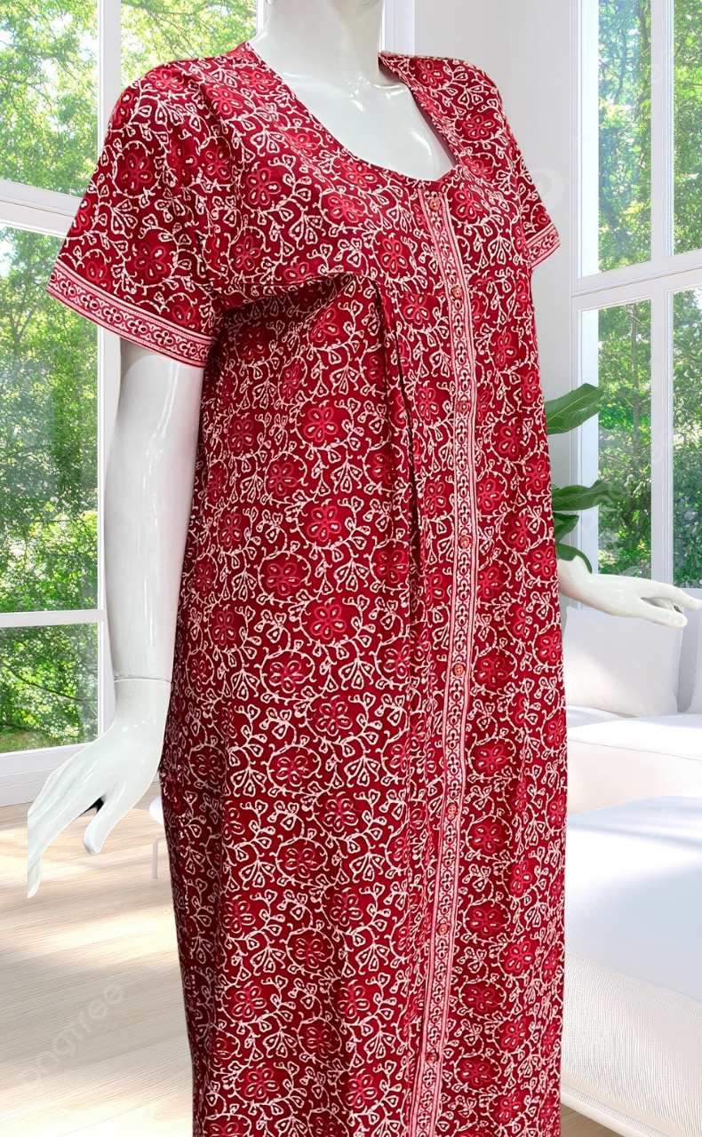 Red Floral Full Open Pure Cotton Nighty. Pure Cotton | Laces and Frills