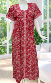 Red Floral Full Open Pure Cotton Nighty. Pure Cotton | Laces and Frills