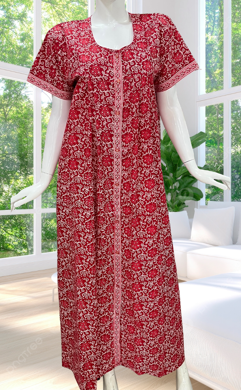 Red Floral Full Open Pure Cotton Nighty. Pure Cotton | Laces and Frills