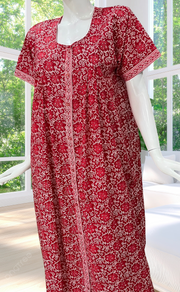 Red Floral Full Open Pure Cotton Nighty. Pure Cotton | Laces and Frills