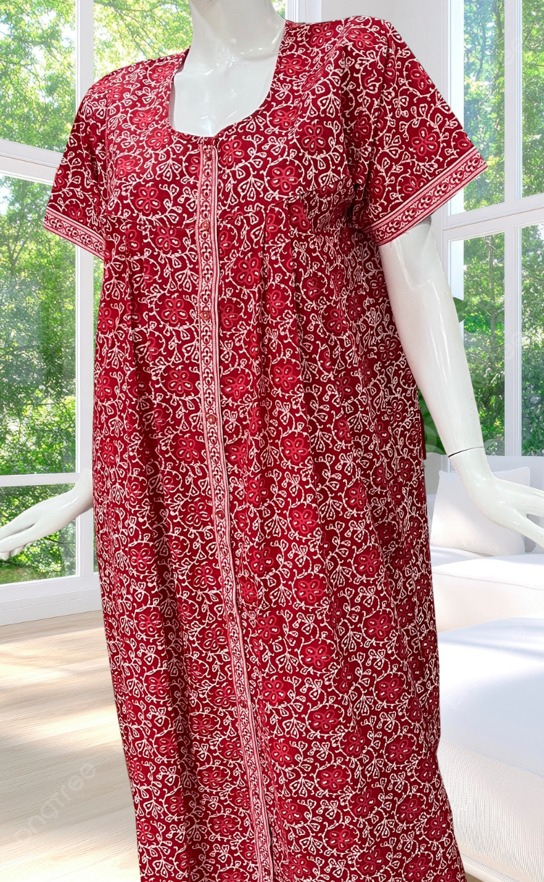 Red Floral Full Open Pure Cotton Nighty. Pure Cotton | Laces and Frills