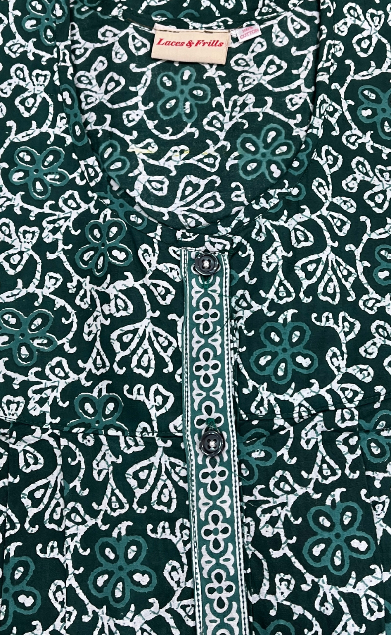 Dark Green Floral Full Open Pure Cotton Nighty. Pure Cotton | Laces and Frills