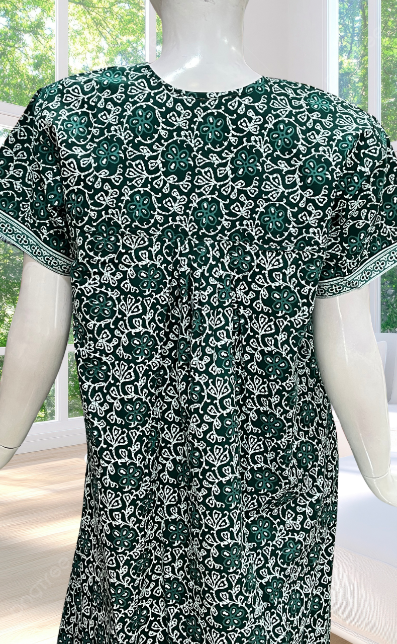 Dark Green Floral Full Open Pure Cotton Nighty. Pure Cotton | Laces and Frills