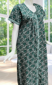 Dark Green Floral Full Open Pure Cotton Nighty. Pure Cotton | Laces and Frills