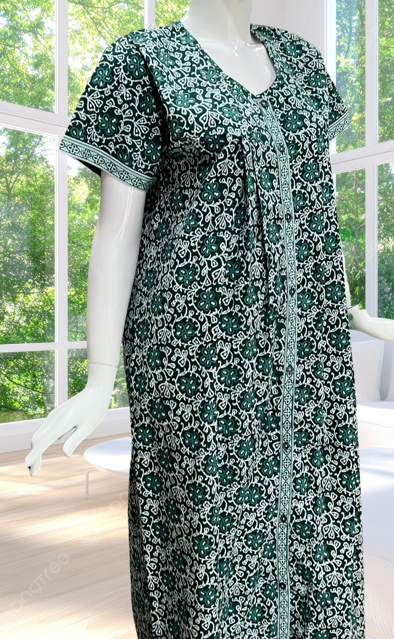 Dark Green Floral Full Open Pure Cotton Nighty. Pure Cotton | Laces and Frills