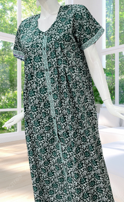 Dark Green Floral Full Open Pure Cotton Nighty. Pure Cotton | Laces and Frills