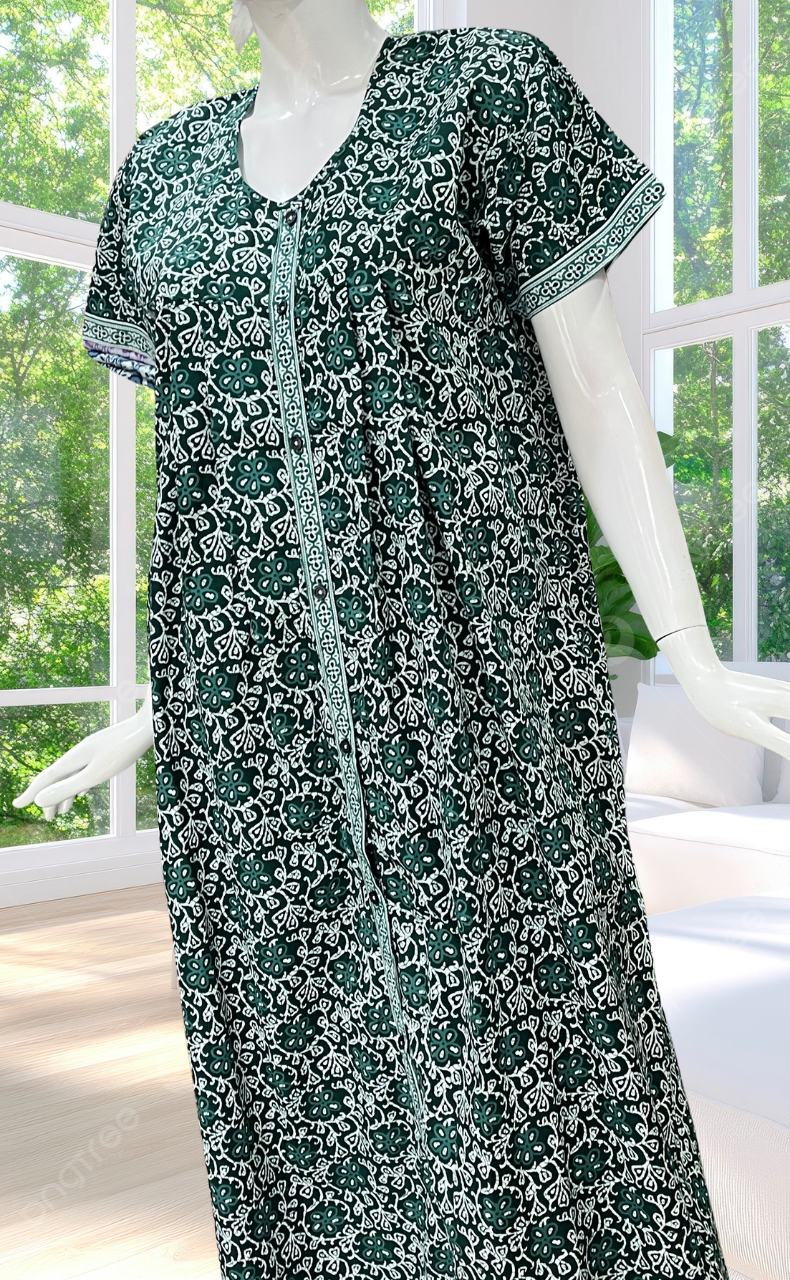 Dark Green Floral Full Open Pure Cotton Nighty. Pure Cotton | Laces and Frills