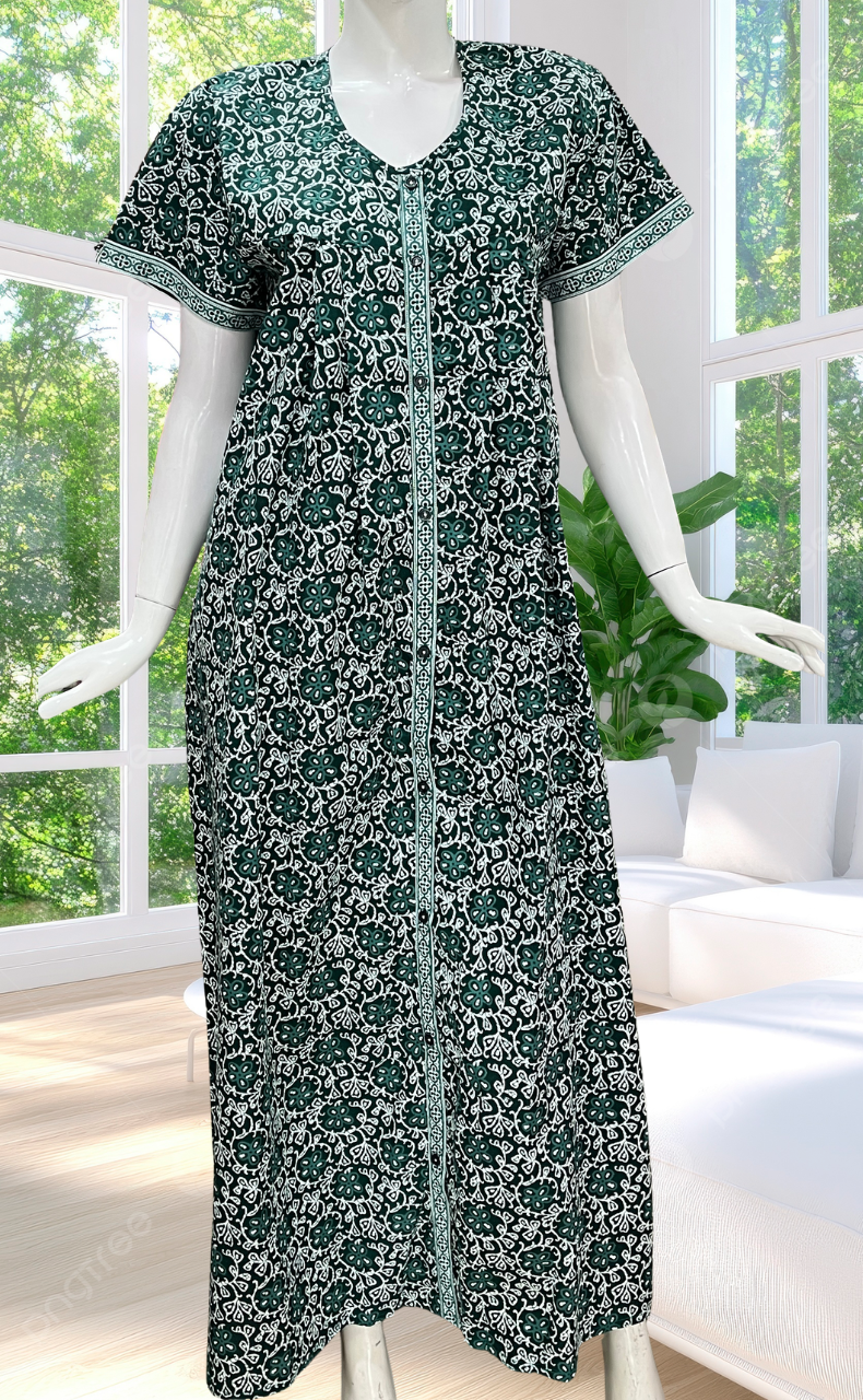 Dark Green Floral Full Open Pure Cotton Nighty. Pure Cotton | Laces and Frills