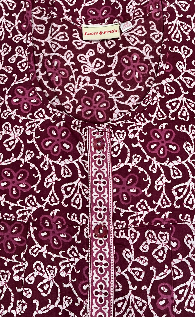 Maroon Floral Full Open Pure Cotton Nighty. Pure Cotton | Laces and Frills